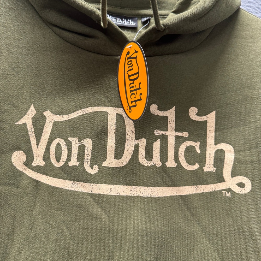 Von Dutch Hoodie Womens Medium M Pullover Olive Green Fleece Crop NEW - Picture 4 of 6